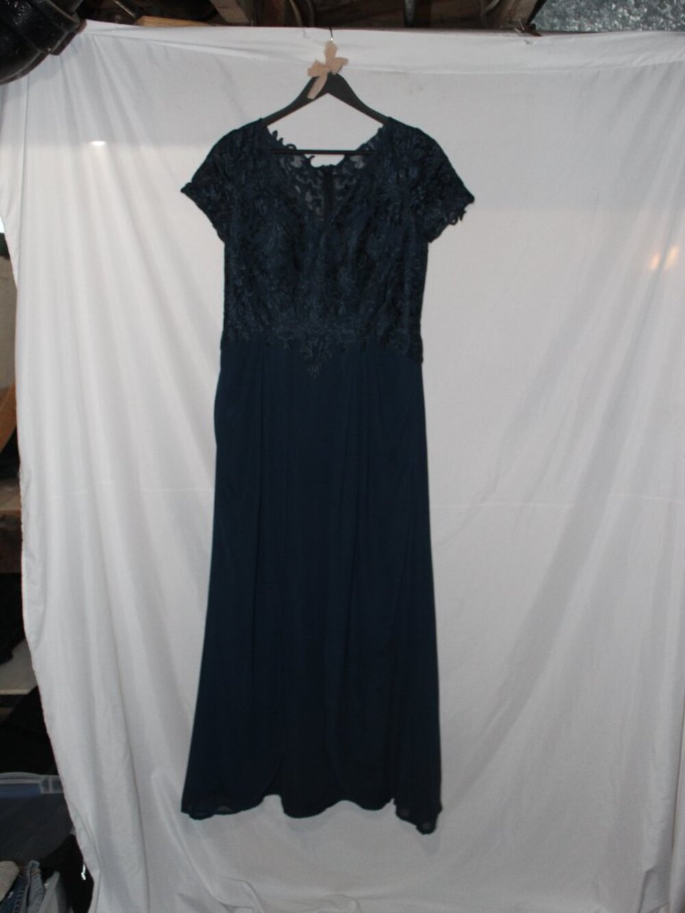 JJs House Navy Lace Short Sleeve Chiffon Maxi Dress